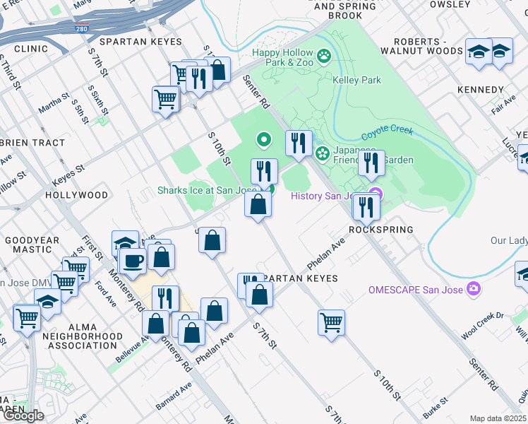 map of restaurants, bars, coffee shops, grocery stores, and more near 1500 South 10th Street in San Jose