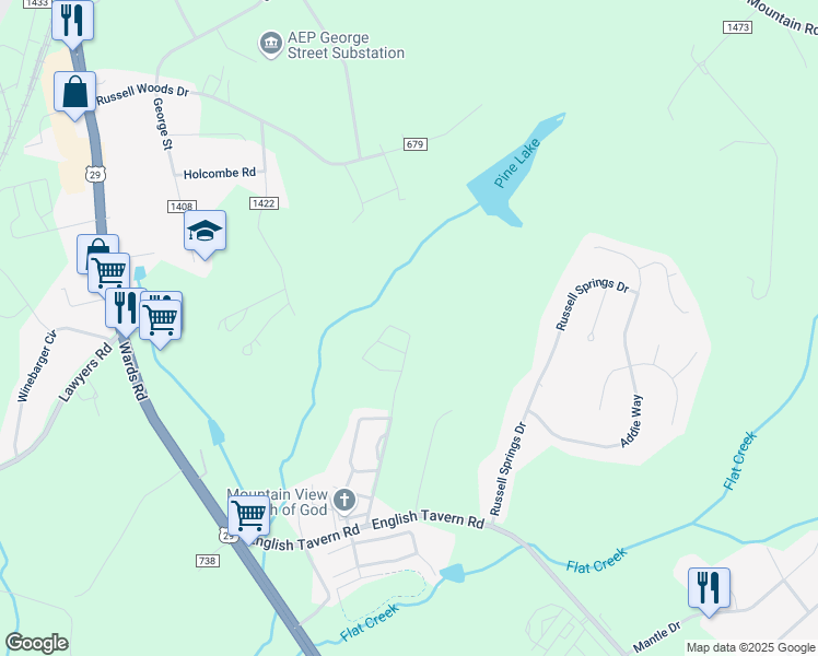 map of restaurants, bars, coffee shops, grocery stores, and more near 143 Squire Circle in Lynchburg