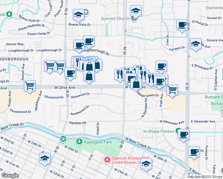 map of restaurants, bars, coffee shops, grocery stores, and more near 601-799 Olivewood Dr in Merced