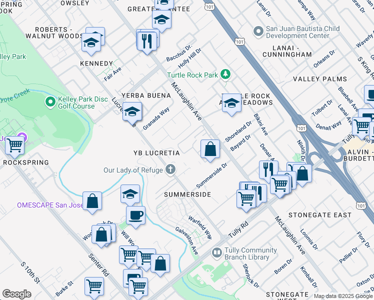 map of restaurants, bars, coffee shops, grocery stores, and more near 986 Summerplace Drive in San Jose