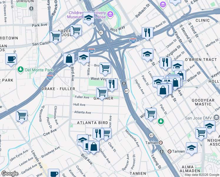 map of restaurants, bars, coffee shops, grocery stores, and more near 366 Jerome Street in San Jose