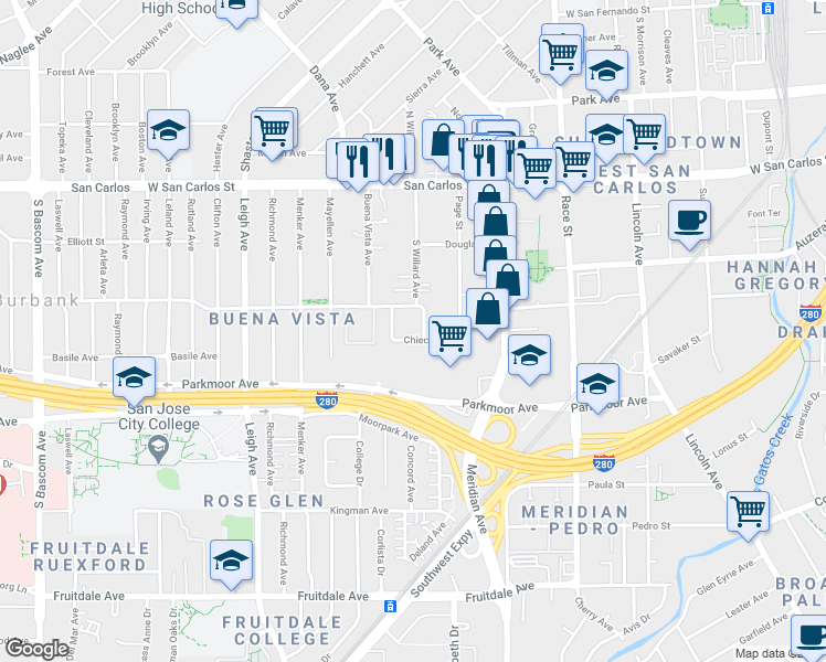 map of restaurants, bars, coffee shops, grocery stores, and more near 531 South Willard Avenue in San Jose