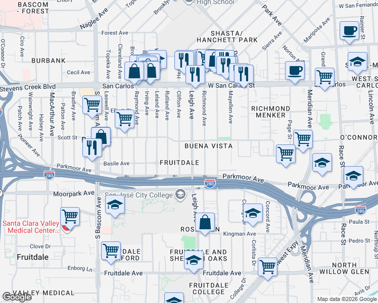 map of restaurants, bars, coffee shops, grocery stores, and more near 538 Clifton Avenue in San Jose