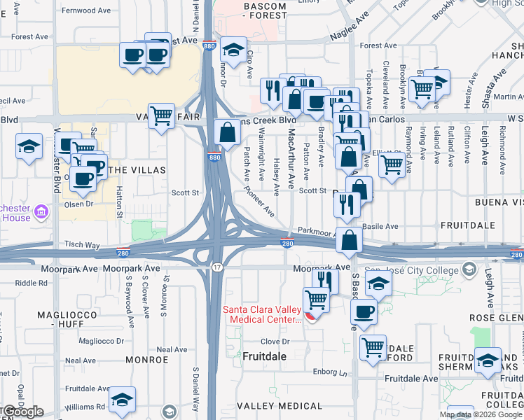 map of restaurants, bars, coffee shops, grocery stores, and more near 526 Parkmoor Avenue in San Jose