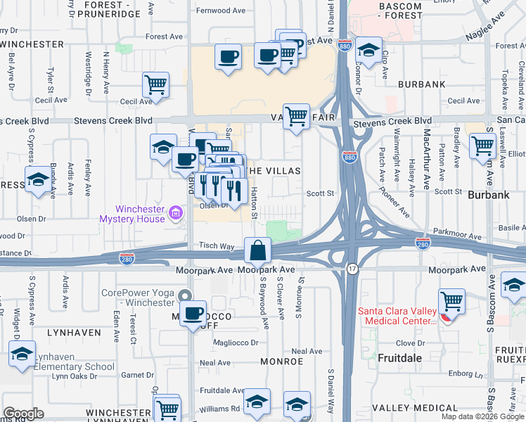 map of restaurants, bars, coffee shops, grocery stores, and more near 523 Umbria Place in San Jose