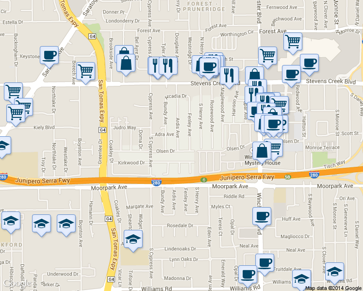 map of restaurants, bars, coffee shops, grocery stores, and more near 3382 Olsen Drive in San Jose