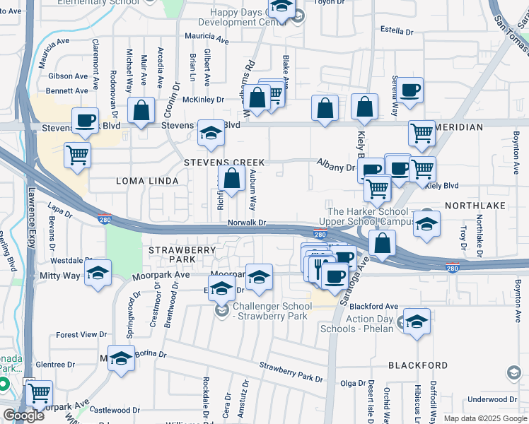 map of restaurants, bars, coffee shops, grocery stores, and more near 490 Auburn Way in San Jose