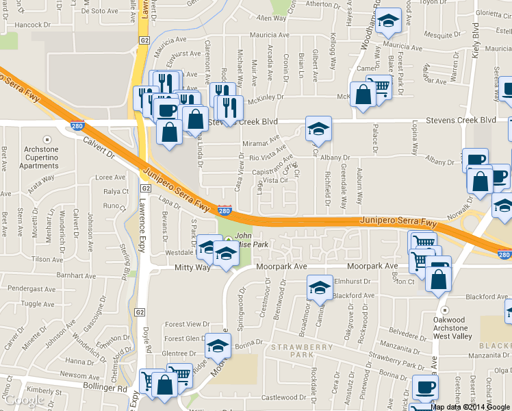 map of restaurants, bars, coffee shops, grocery stores, and more near 447 Casa Blanca Drive in San Jose
