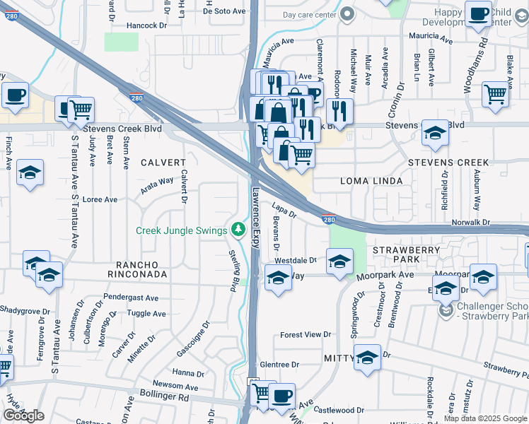 map of restaurants, bars, coffee shops, grocery stores, and more near 492 Doyle Road in San Jose