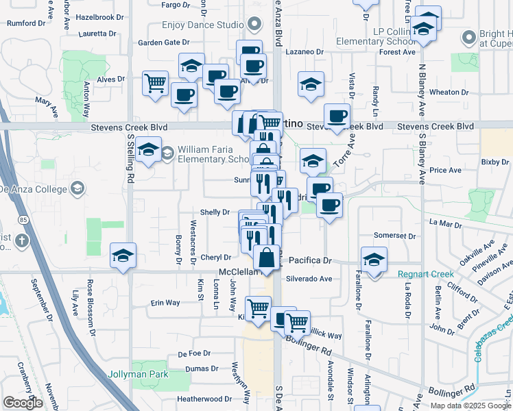 map of restaurants, bars, coffee shops, grocery stores, and more near 20608 Shelly Drive in Cupertino