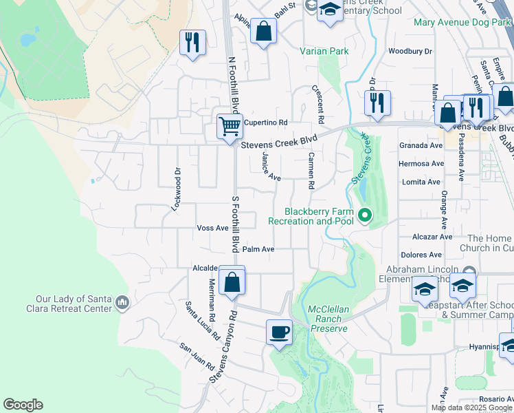 map of restaurants, bars, coffee shops, grocery stores, and more near 10310 Walnut Circle in Cupertino