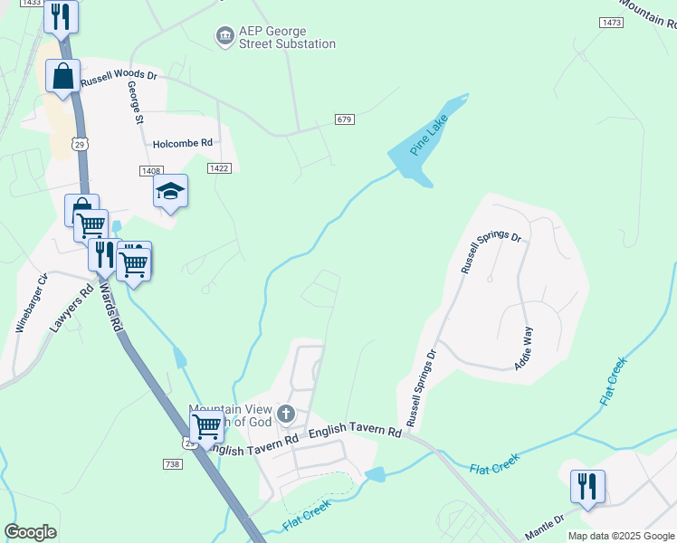 map of restaurants, bars, coffee shops, grocery stores, and more near 143 Squire Circle in Lynchburg