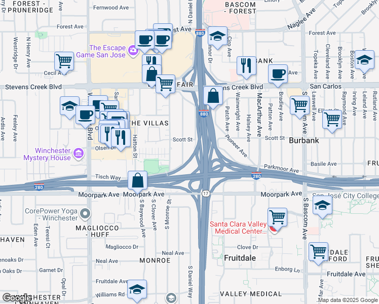 map of restaurants, bars, coffee shops, grocery stores, and more near in San Jose