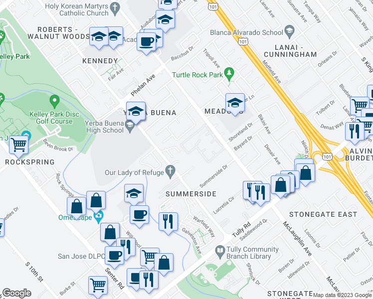 map of restaurants, bars, coffee shops, grocery stores, and more near 994 Summerplace Drive in San Jose