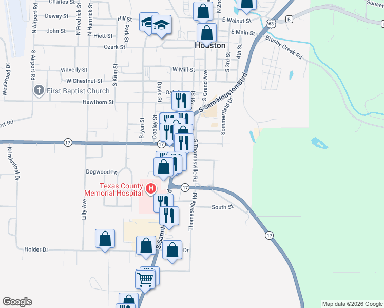 map of restaurants, bars, coffee shops, grocery stores, and more near 1207 Thomasville Road in Houston