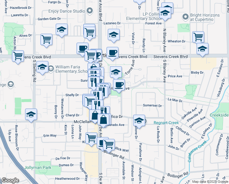 map of restaurants, bars, coffee shops, grocery stores, and more near 20370 Town Center Lane in Cupertino