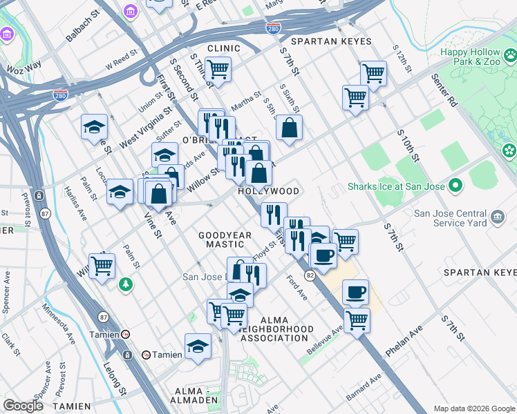 map of restaurants, bars, coffee shops, grocery stores, and more near S 1st St & S 2nd St in San Jose