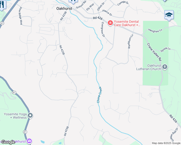 map of restaurants, bars, coffee shops, grocery stores, and more near 39273 Brandywine Lane in Oakhurst