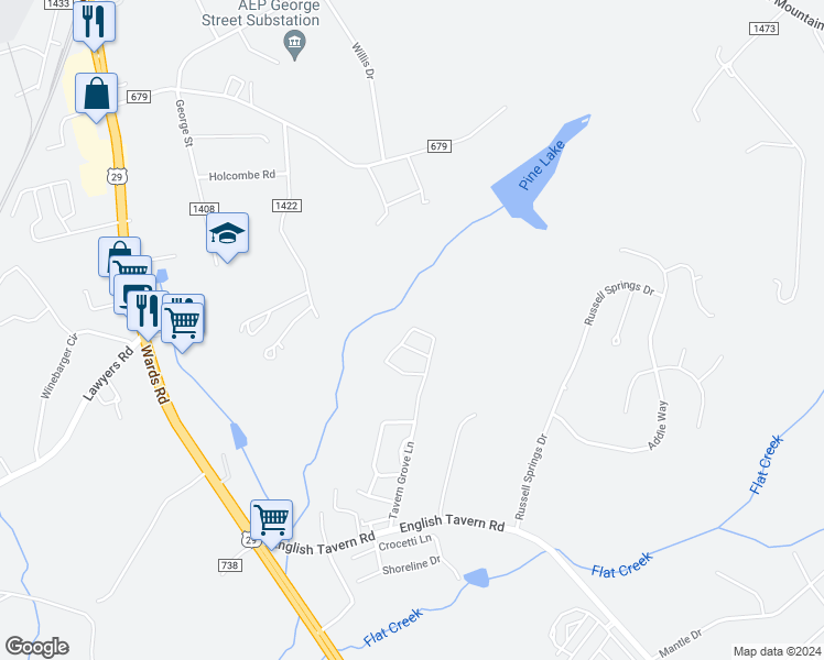 map of restaurants, bars, coffee shops, grocery stores, and more near 110 Squire Circle in Lynchburg