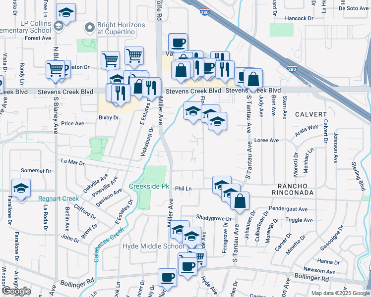 map of restaurants, bars, coffee shops, grocery stores, and more near 19342 Greenwood Drive in Cupertino