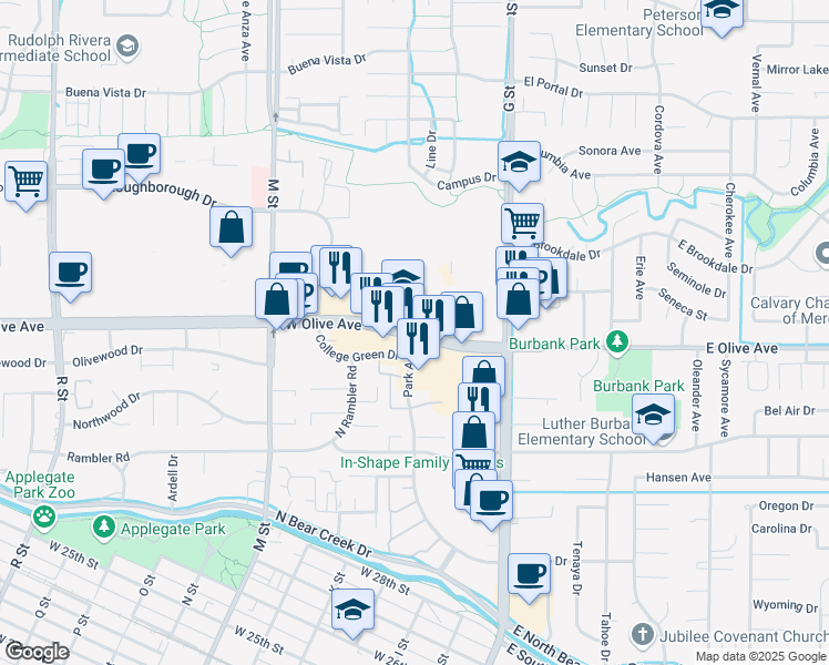 map of restaurants, bars, coffee shops, grocery stores, and more near 205 West Olive Avenue in Merced