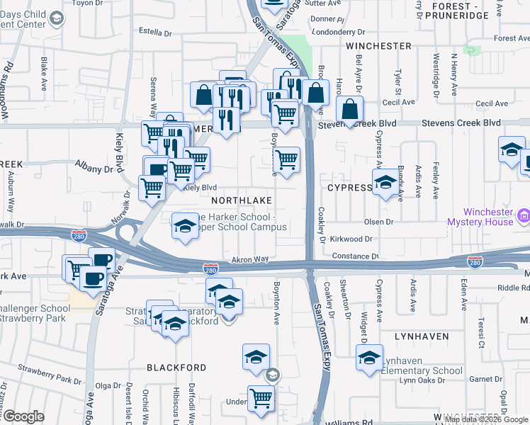 map of restaurants, bars, coffee shops, grocery stores, and more near 509 Clardy Place in San Jose