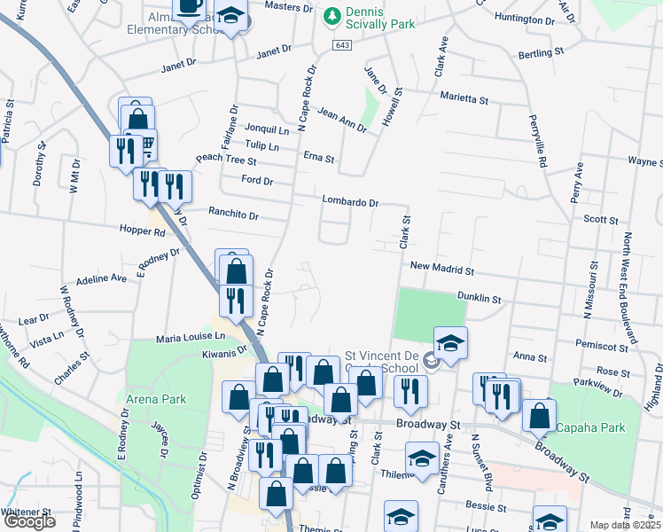 map of restaurants, bars, coffee shops, grocery stores, and more near 912 Karau Lane in Cape Girardeau