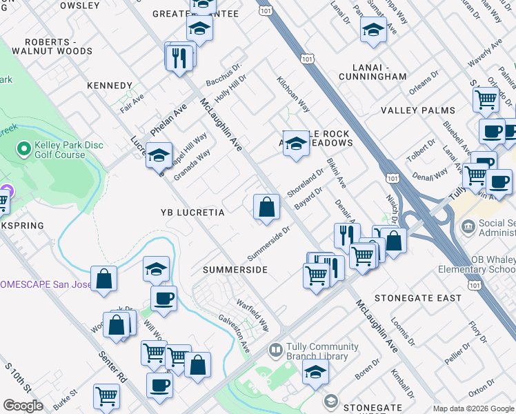 map of restaurants, bars, coffee shops, grocery stores, and more near 1034 Summermist Court in San Jose