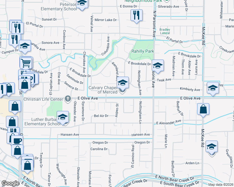 map of restaurants, bars, coffee shops, grocery stores, and more near 1300 Kensington Drive in Merced