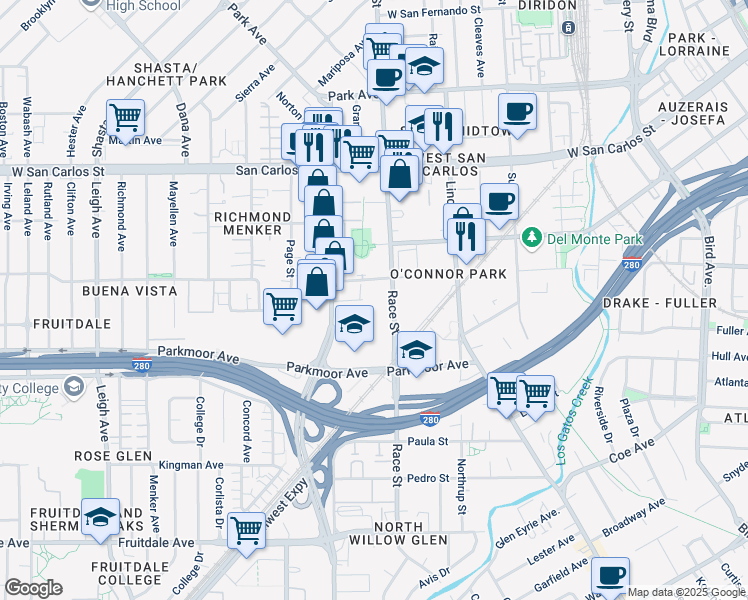 map of restaurants, bars, coffee shops, grocery stores, and more near 507 Harmon Avenue in San Jose
