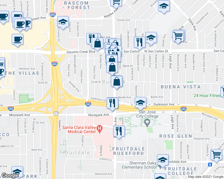 map of restaurants, bars, coffee shops, grocery stores, and more near 531 South Bascom Avenue in San Jose