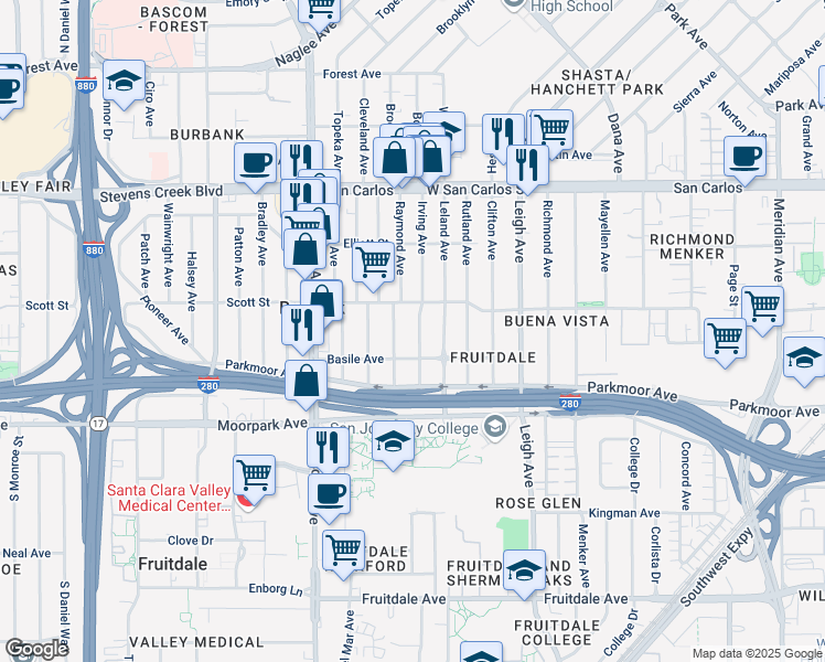 map of restaurants, bars, coffee shops, grocery stores, and more near 542 Irving Avenue in San Jose