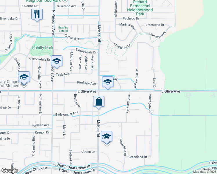 map of restaurants, bars, coffee shops, grocery stores, and more near 2348 Katy Lane in Merced