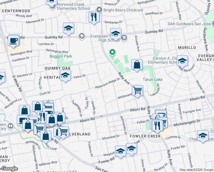 map of restaurants, bars, coffee shops, grocery stores, and more near 3117 Whiterose Court in San Jose