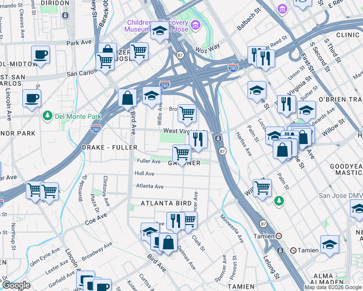 map of restaurants, bars, coffee shops, grocery stores, and more near 852 Delmas Avenue in San Jose