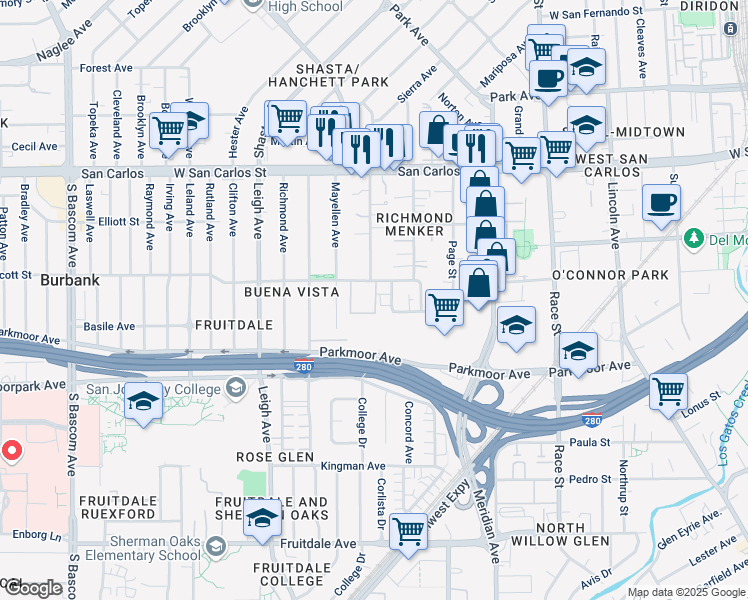 map of restaurants, bars, coffee shops, grocery stores, and more near 529 Chiechi Avenue in San Jose