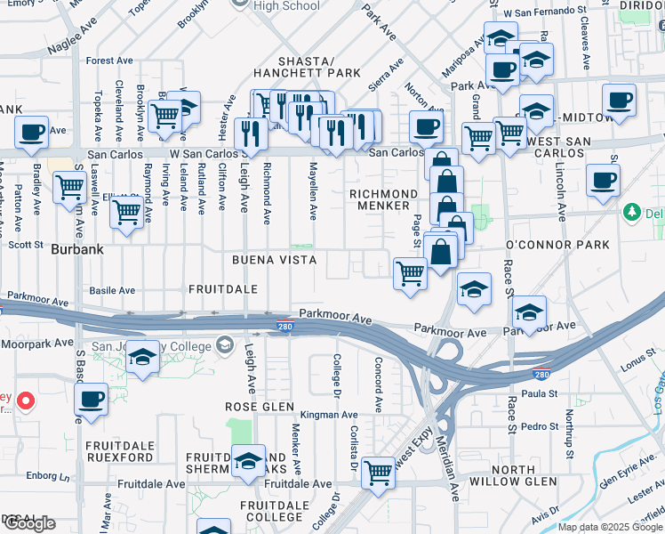map of restaurants, bars, coffee shops, grocery stores, and more near 540 Mayellen Avenue in San Jose