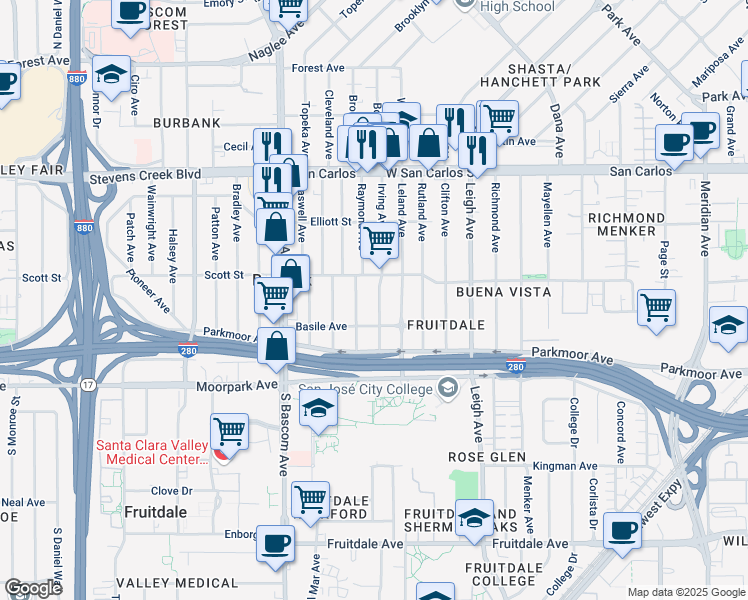 map of restaurants, bars, coffee shops, grocery stores, and more near 542 Irving Avenue in San Jose