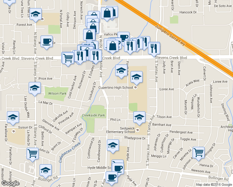 map of restaurants, bars, coffee shops, grocery stores, and more near 19342 Greenwood Drive in Cupertino