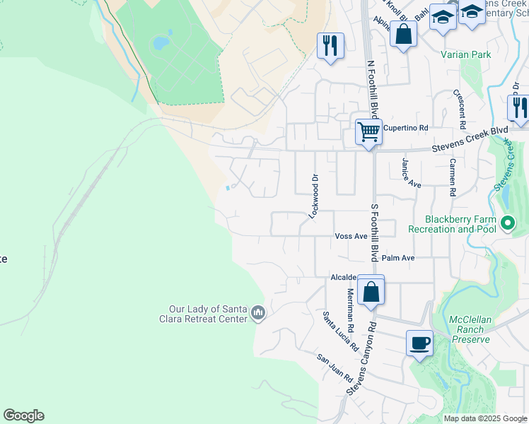 map of restaurants, bars, coffee shops, grocery stores, and more near 22931 Voss Avenue in Cupertino