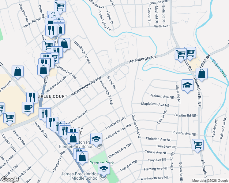 map of restaurants, bars, coffee shops, grocery stores, and more near 3500-3598 Oaklawn Ave NW in Roanoke