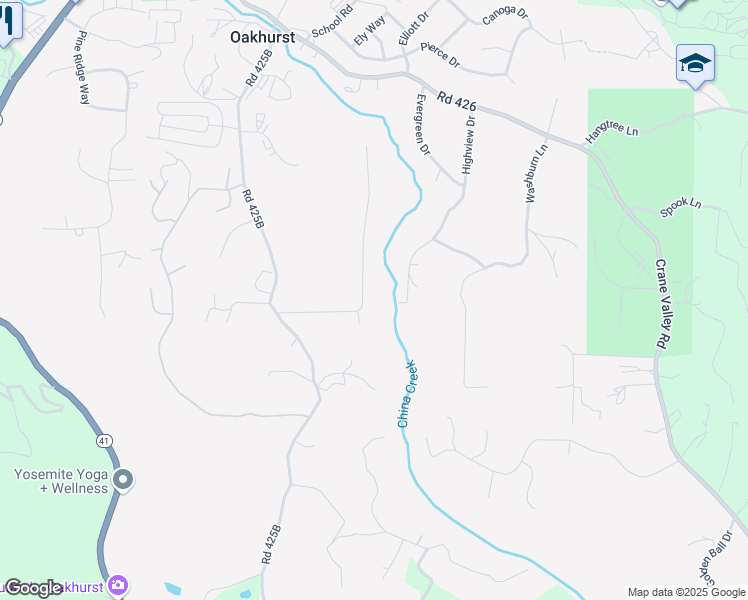 map of restaurants, bars, coffee shops, grocery stores, and more near 39273 Brandywine Lane in Oakhurst