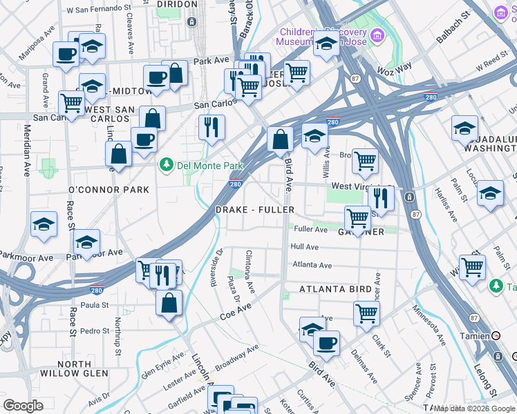map of restaurants, bars, coffee shops, grocery stores, and more near 715 Harrison Street in San Jose