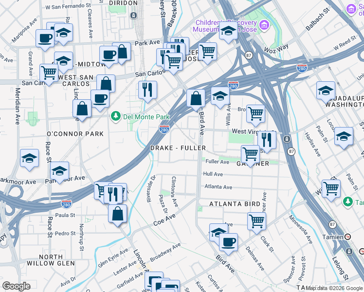 map of restaurants, bars, coffee shops, grocery stores, and more near 715 Harrison Street in San Jose
