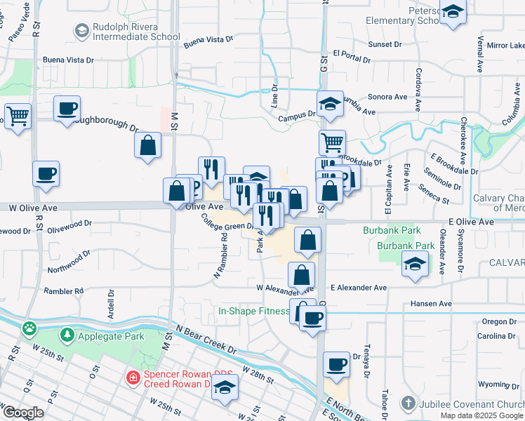 map of restaurants, bars, coffee shops, grocery stores, and more near 205 West Olive Avenue in Merced