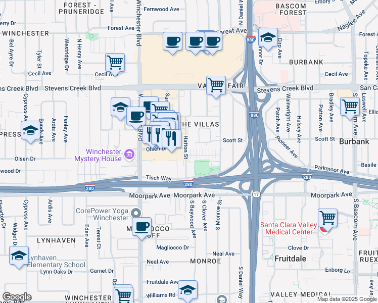 map of restaurants, bars, coffee shops, grocery stores, and more near 483 Rialto Place in San Jose
