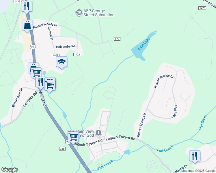 map of restaurants, bars, coffee shops, grocery stores, and more near 98 Squire Circle in Lynchburg