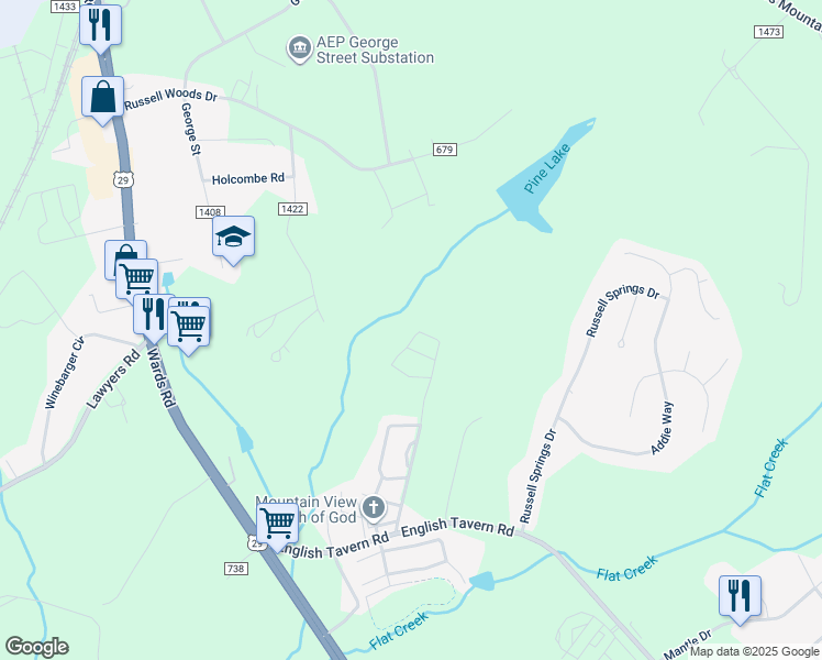 map of restaurants, bars, coffee shops, grocery stores, and more near 98 Squire Circle in Lynchburg