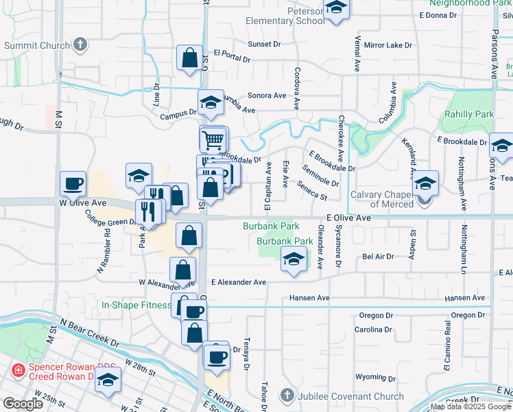map of restaurants, bars, coffee shops, grocery stores, and more near 275 East Olive Avenue in Merced