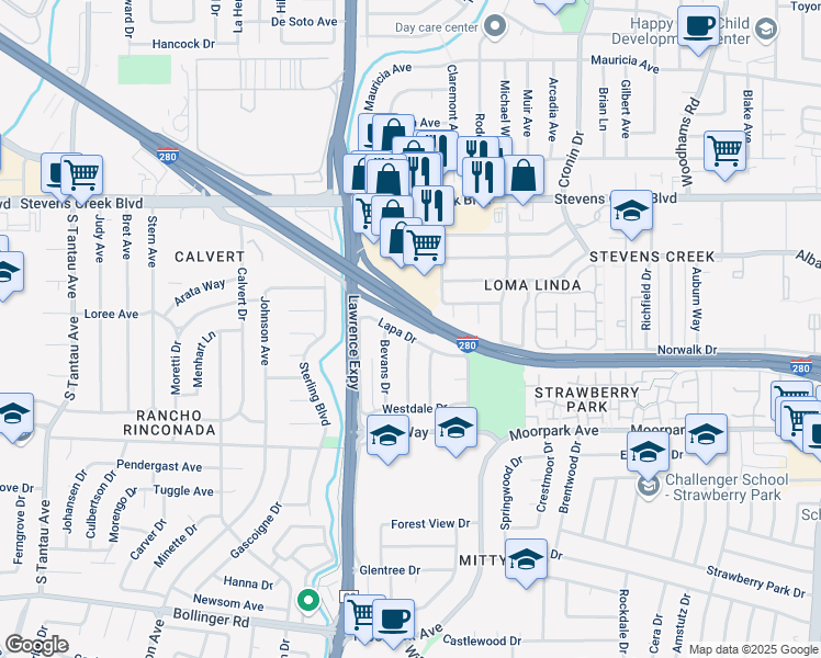 map of restaurants, bars, coffee shops, grocery stores, and more near 489 Wagman Drive in San Jose